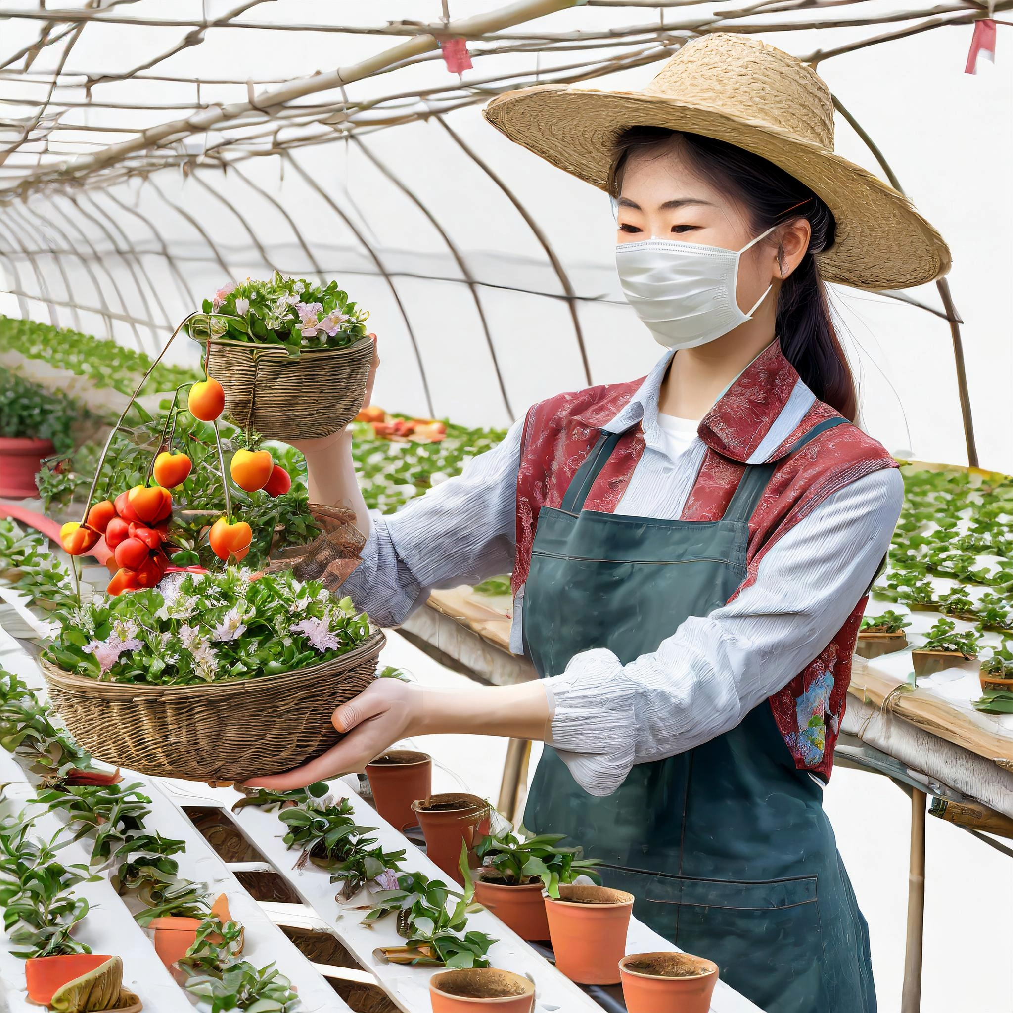 トマトを管理してる女性画像