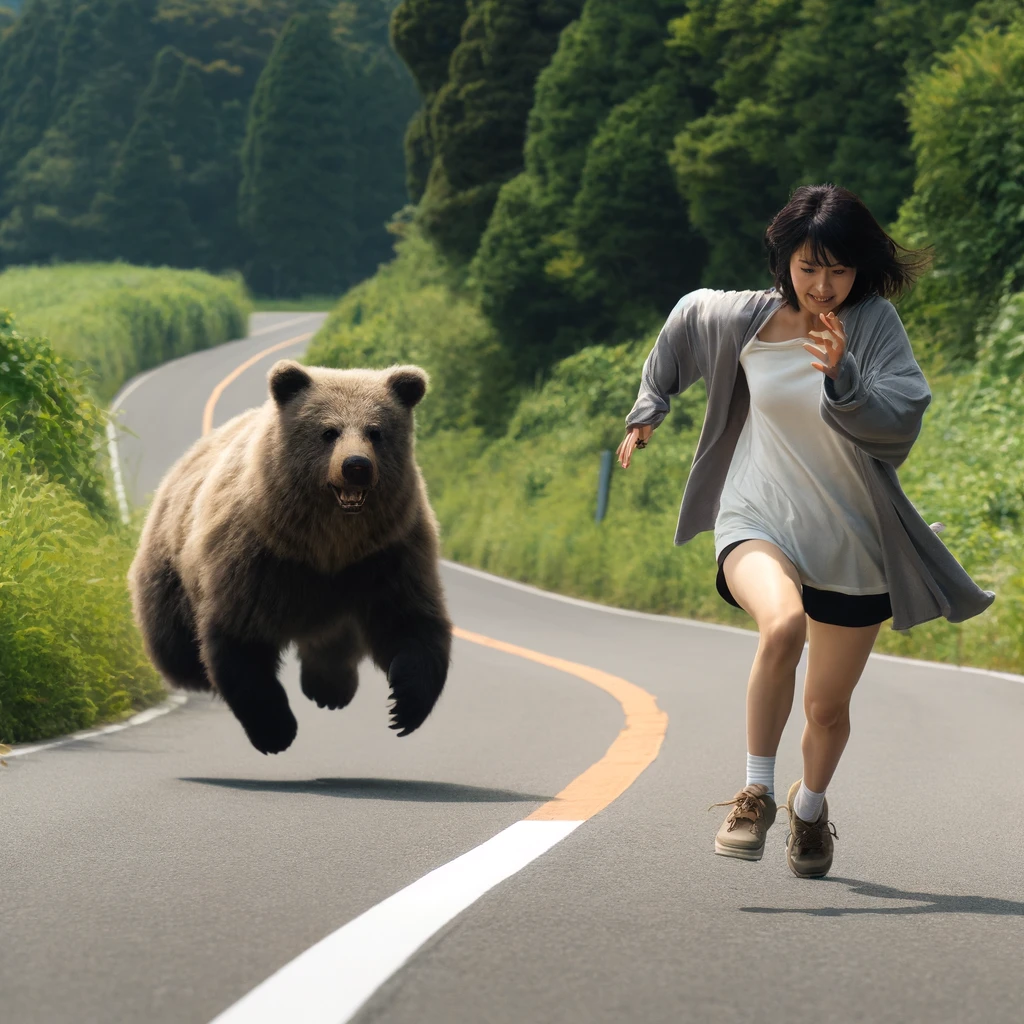 クマに追われてる女性の画像