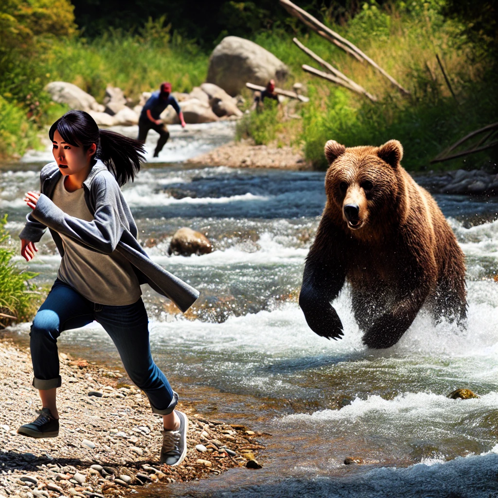 クマに追われてる女性の画像