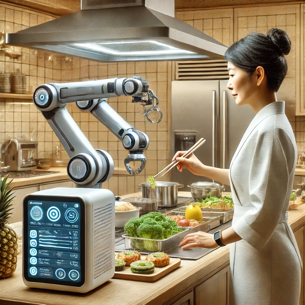 料理する女性とロボットの画像