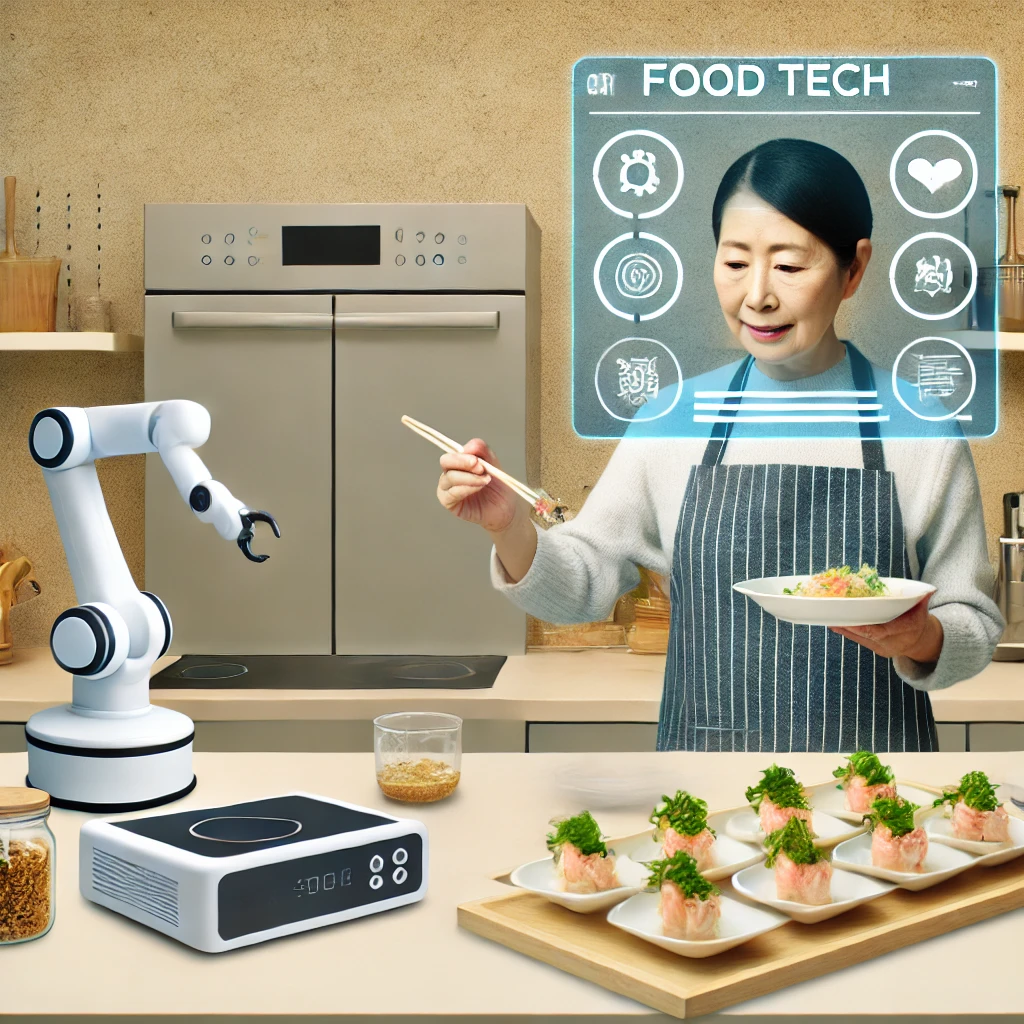 食事を作る女性とロボットの画像