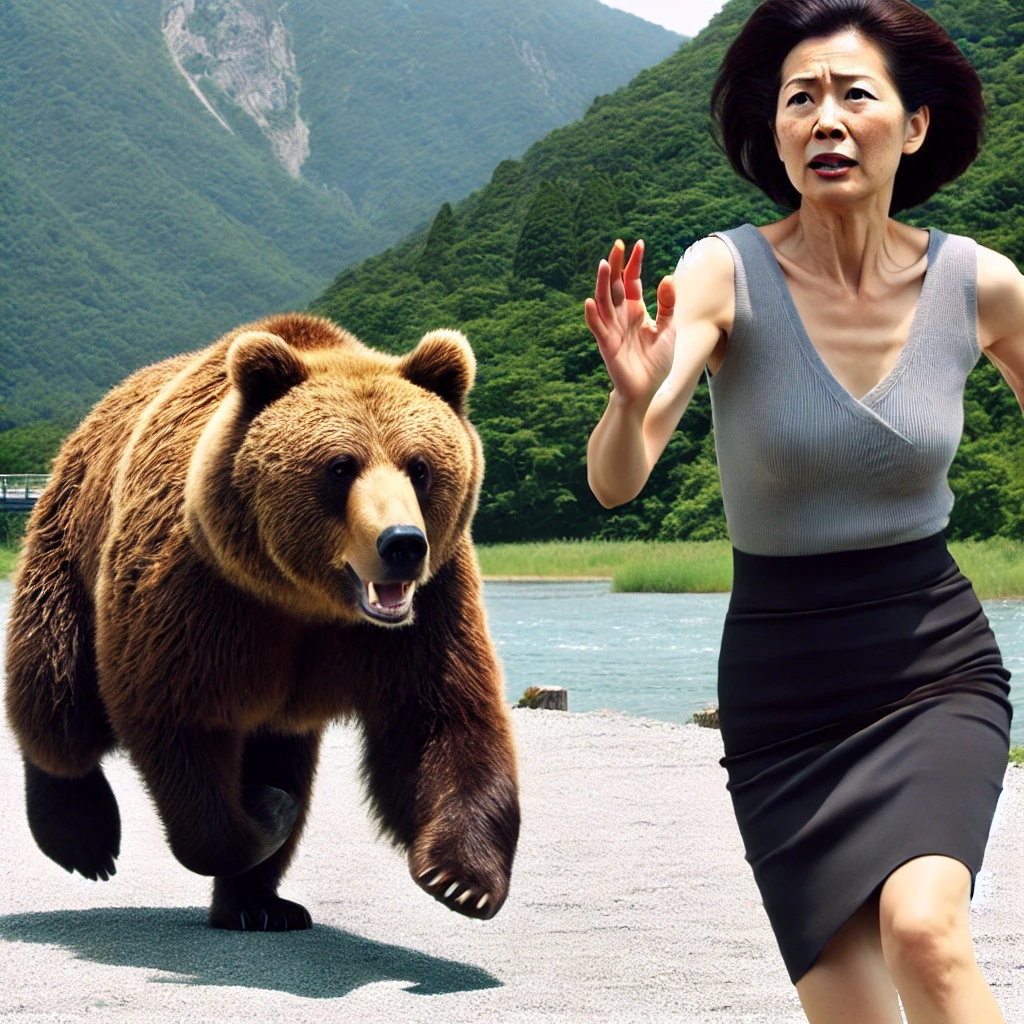 クマに追われてる女性の画像